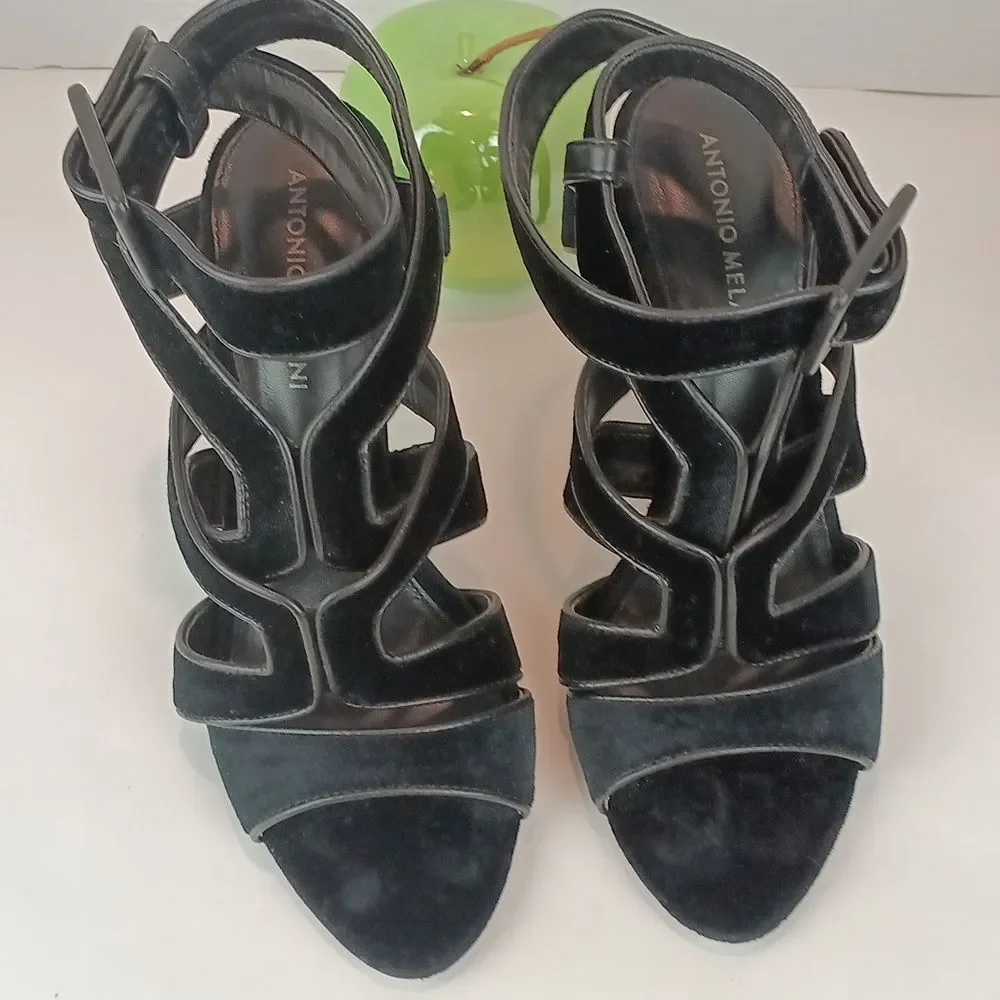 ANTONIO MELANI Aveet Women Black Strappy Velvet Open Toe Heels sx 8.5 M